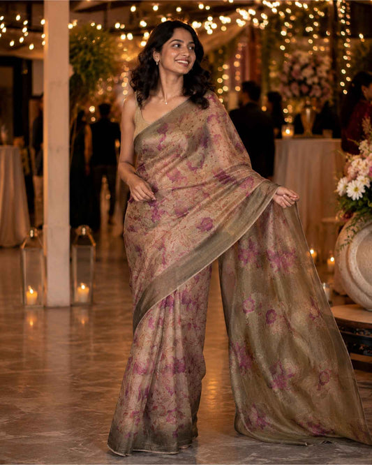 Beige and Purple Crush Tissue Saree with Digital Print
