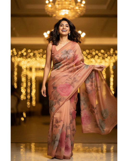 Orangish Peach Crush Tissue Saree with Digital Print