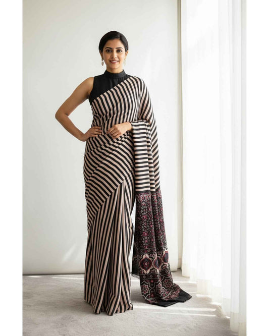 Modal Silk- Striped saree with red paalu