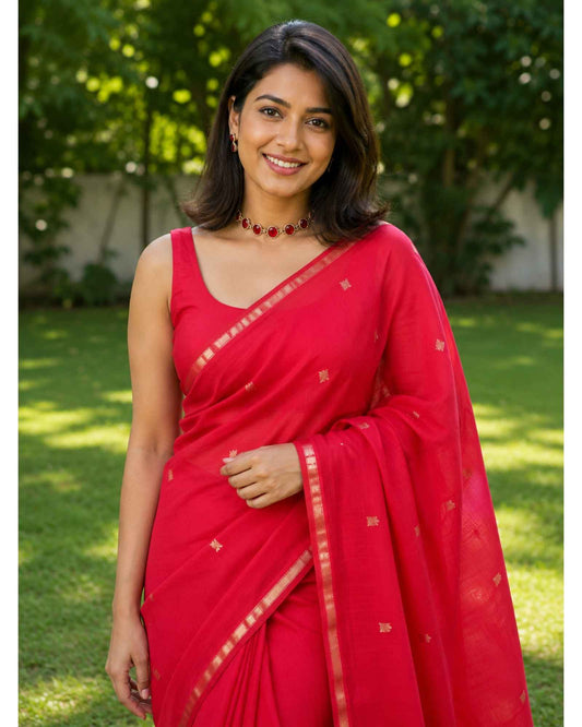 Red Maheshwari Silk Cotton Saree