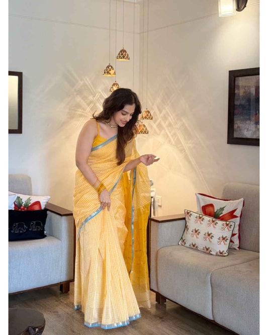 Yellow Checks Maheshwari Silk Cotton
