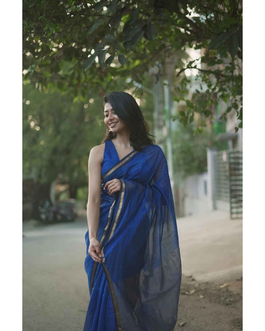Blue Maheshwari Saree with Zari stripes