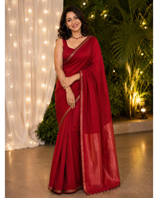 Red Maheshwari Saree with Zari stripes