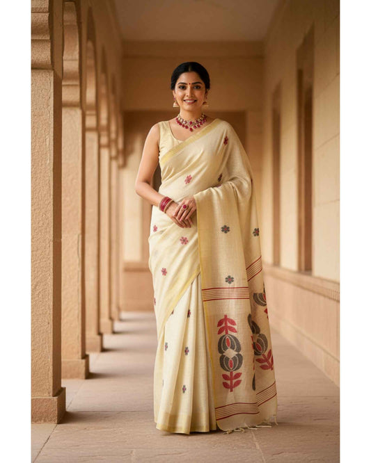 Mild Golden Tissue Linen Saree with black and red weaving