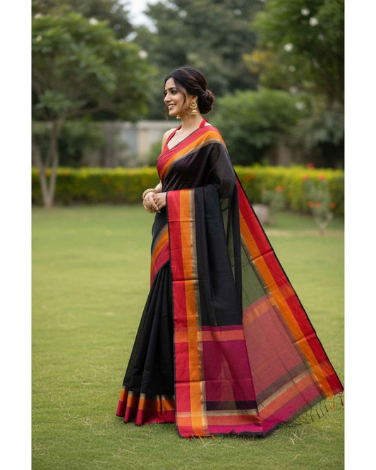Black Maheshwari Saree with Red and Orange Borders