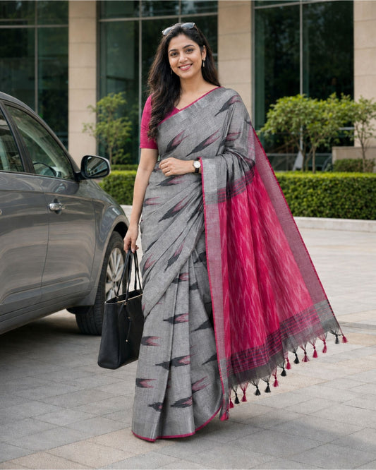 Grey and Pink Ikkat Cotton Saree