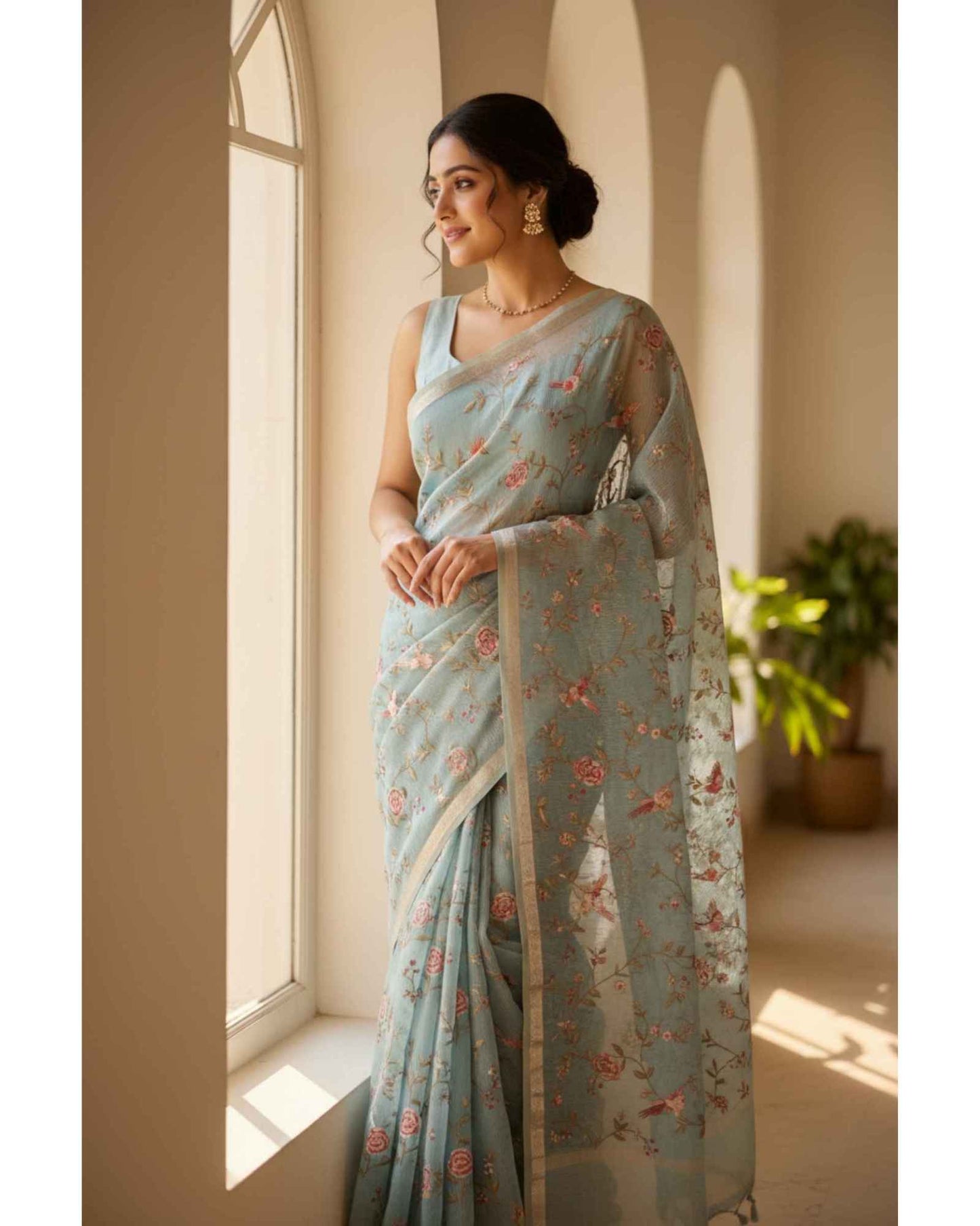 Pastel Blue Crush Tissue Saree with Parsi Gara embroidery