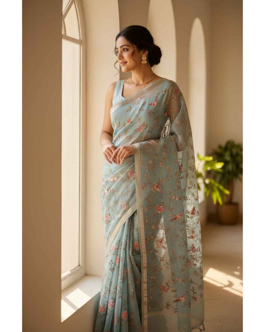 Pastel Blue Crush Tissue Saree with Parsi Gara embroidery