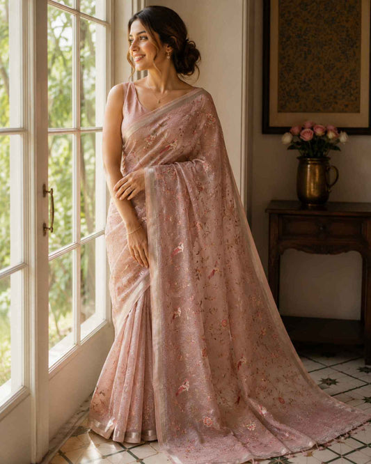 Pastel Pink Crush Tissue Saree with Parsi Gara embroidery