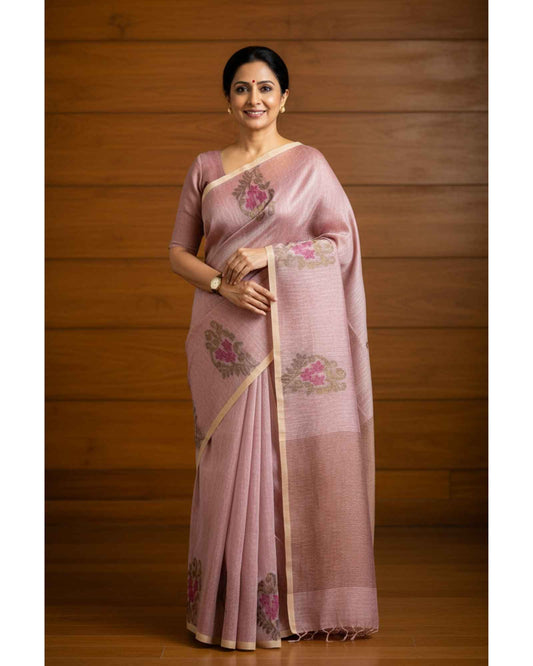Peach Tissue Linen Saree- Banarasi