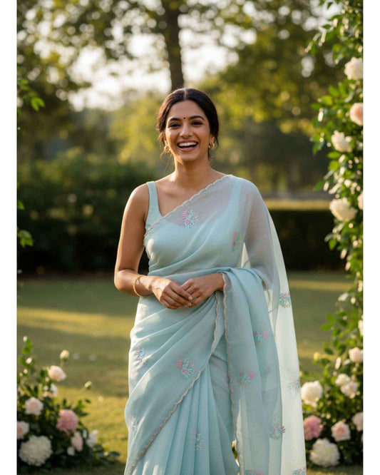 Sea Blue Crush Tissue Saree
