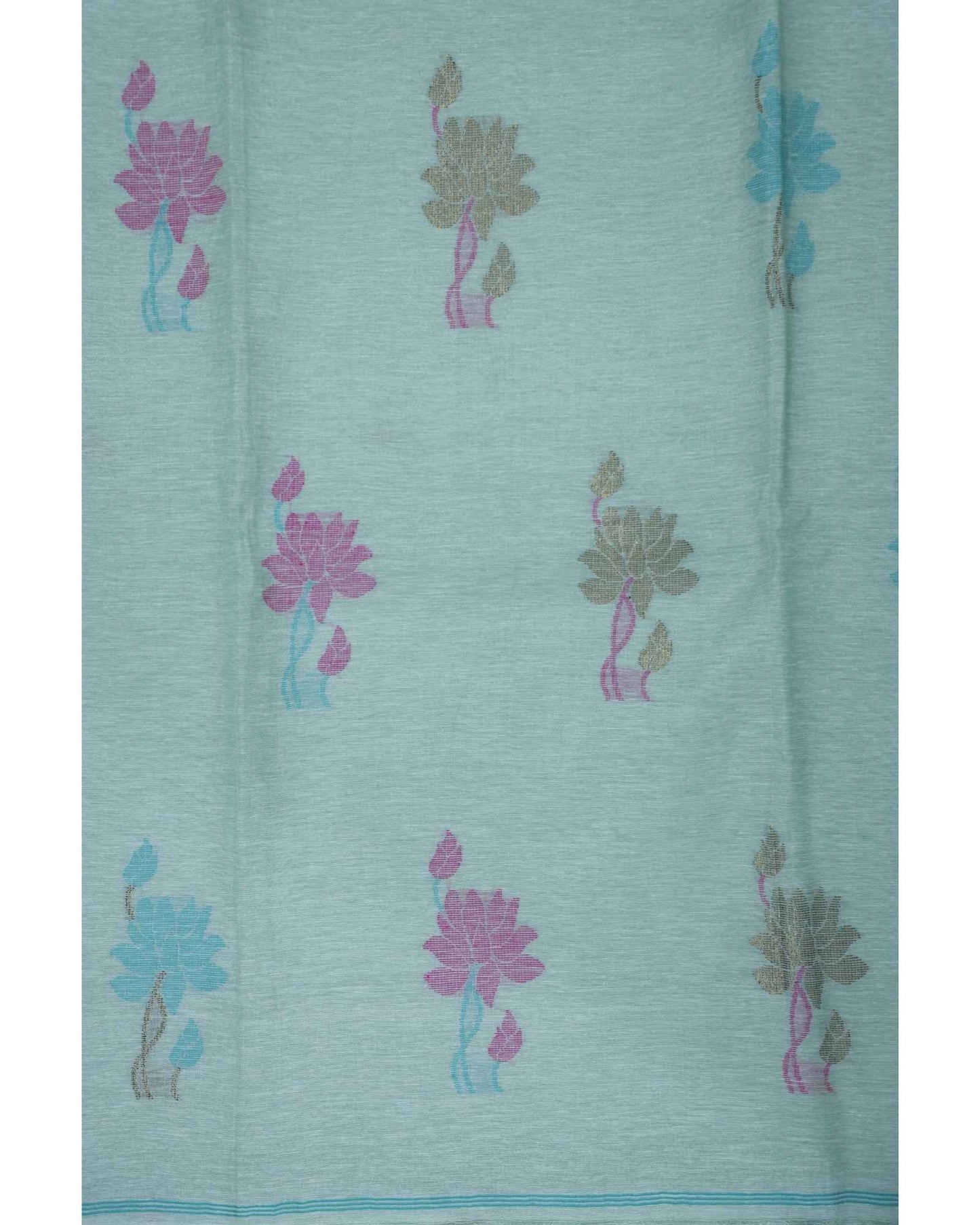 Mint Green Tissue Linen Saree- Flower butta