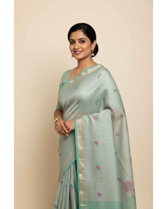 Mint Green Tissue Linen Saree- Flower butta