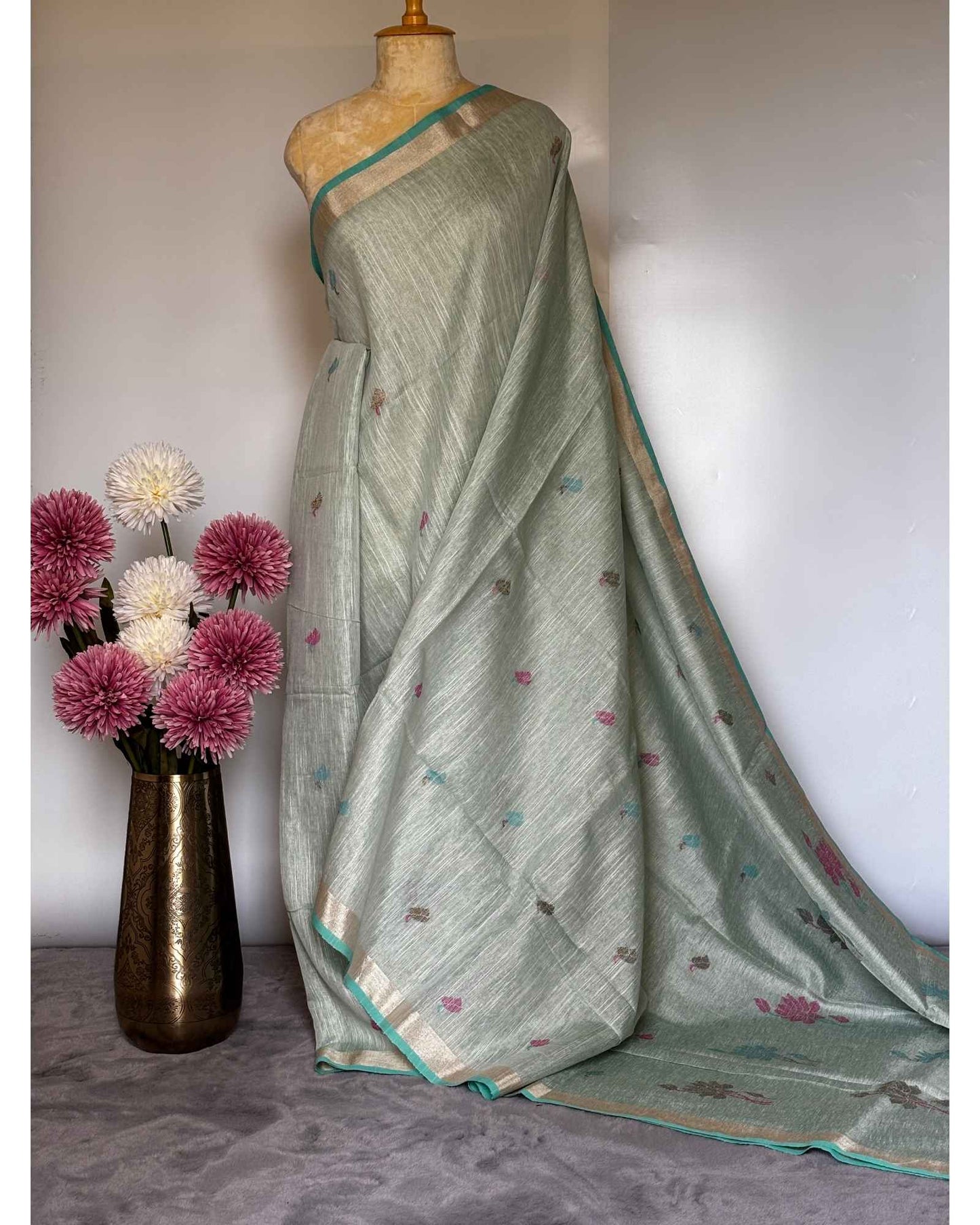 Mint Green Tissue Linen Saree- Flower butta