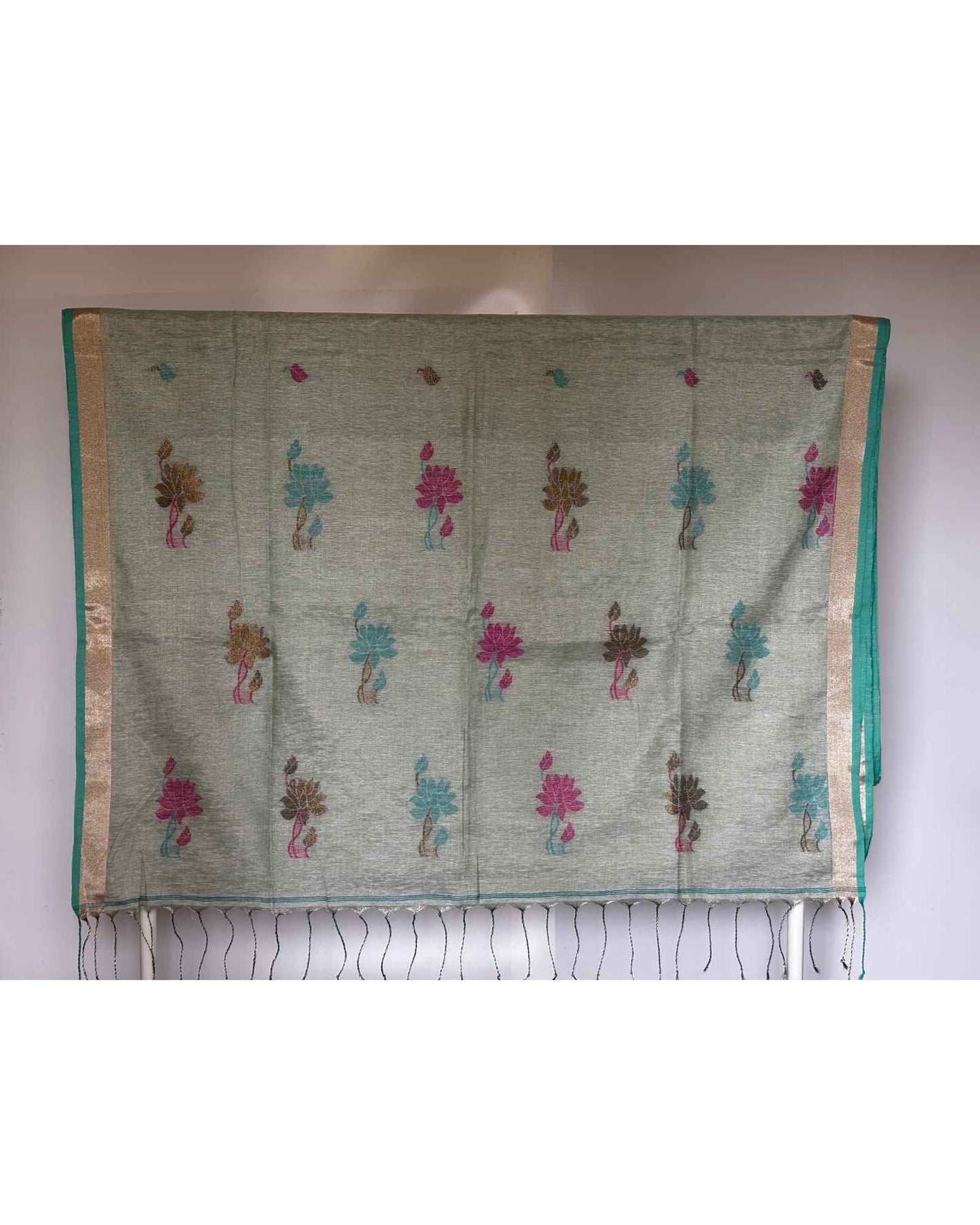 Mint Green Tissue Linen Saree- Flower butta