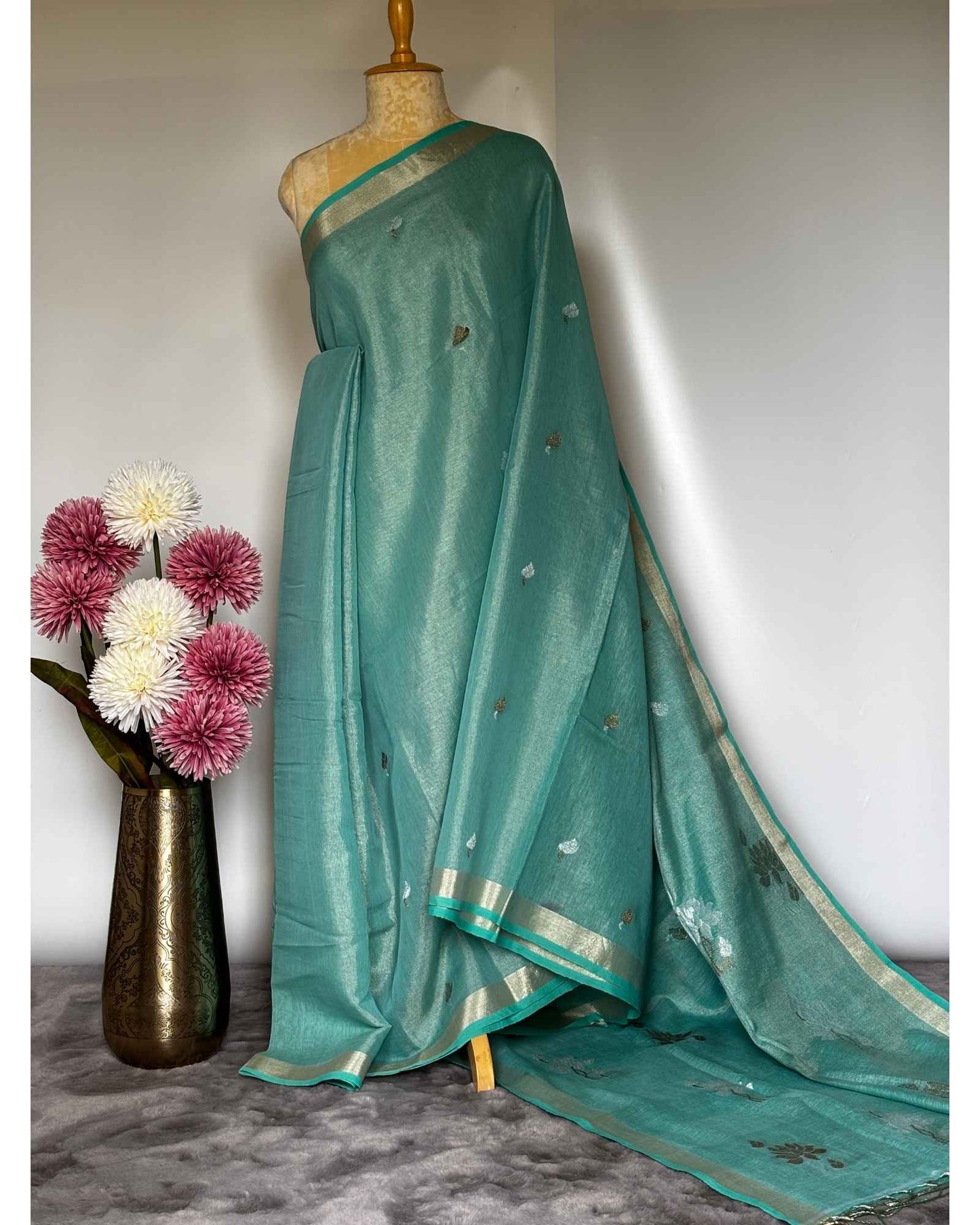 Sea Blue Tissue Linen Saree- Flower butta