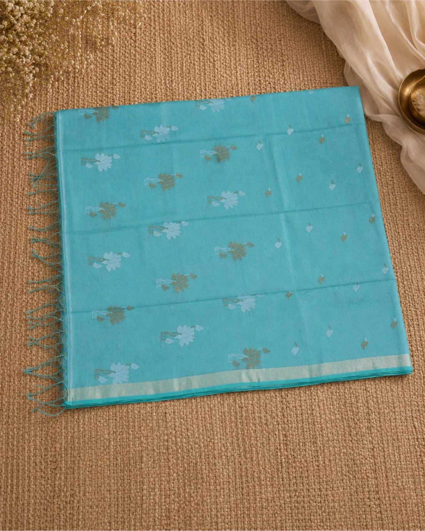Sea Blue Tissue Linen Saree- Flower butta