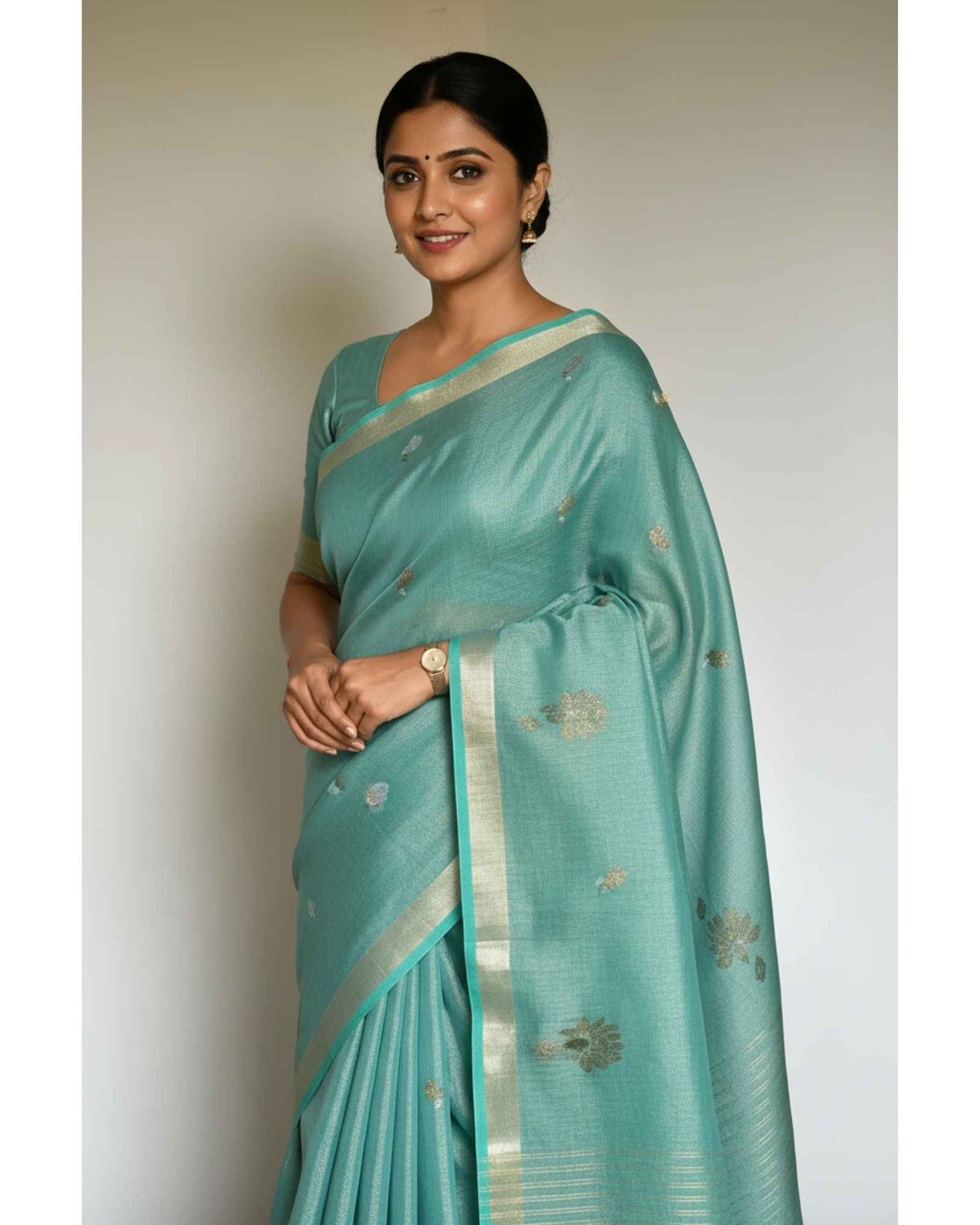 Sea Blue Tissue Linen Saree- Flower butta