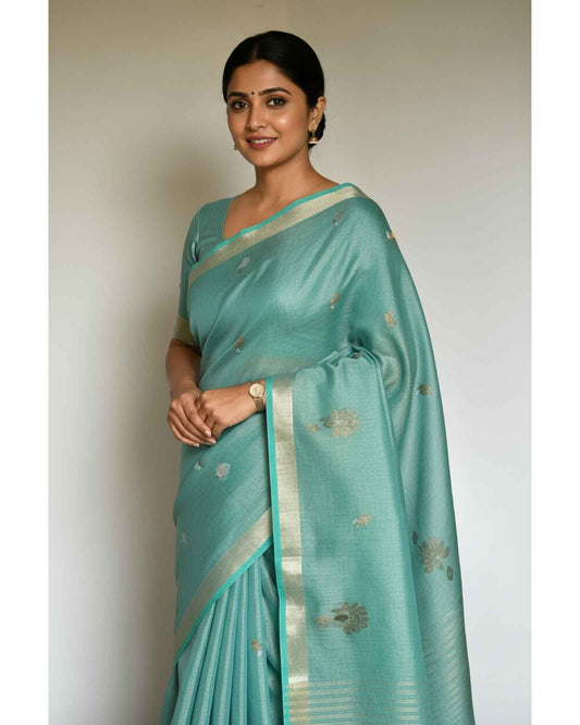 Sea Blue Tissue Linen Saree- Flower butta