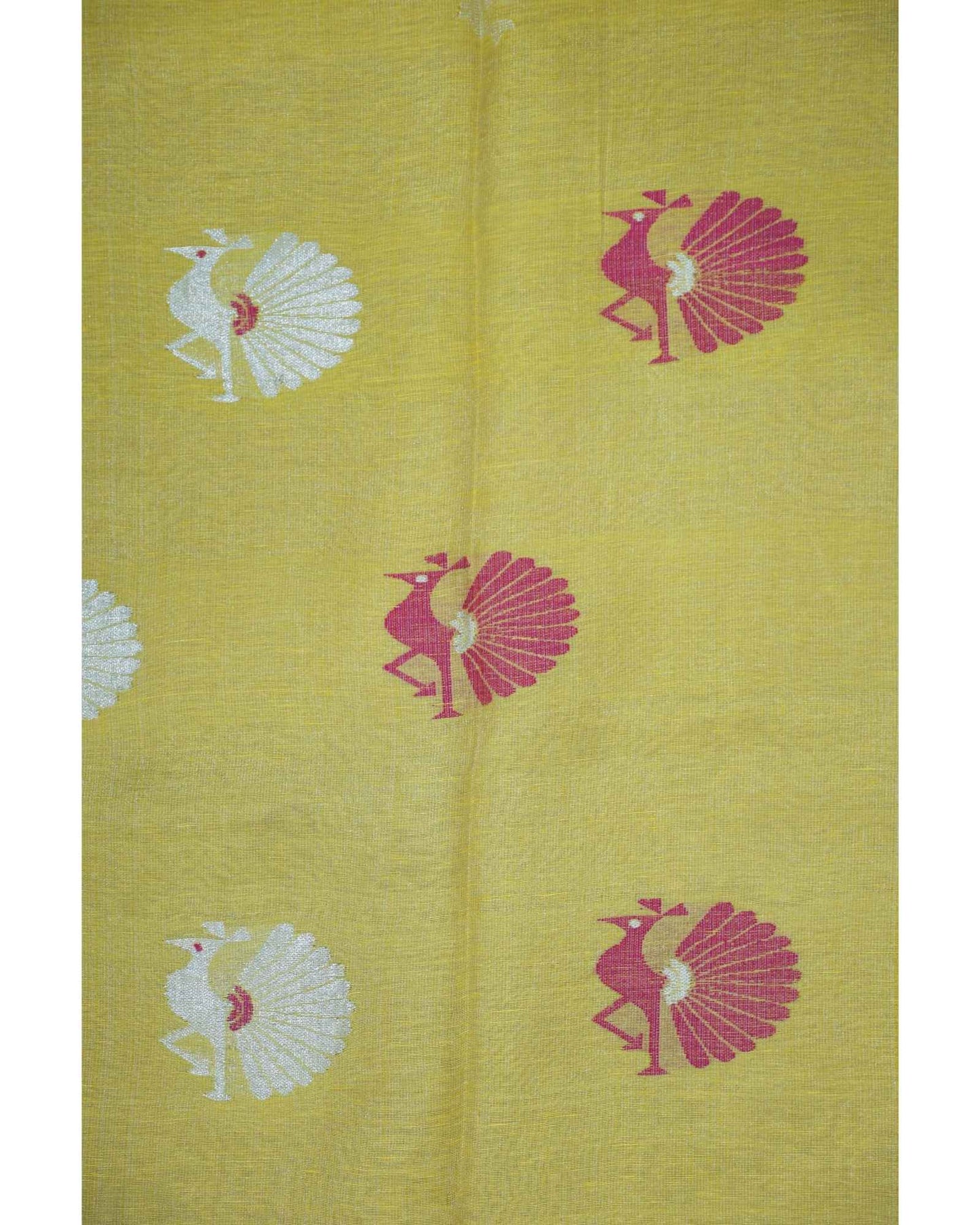 Yellow Tissue Linen Saree- Peacock