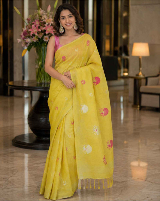 Yellow Tissue Linen Saree- Peacock