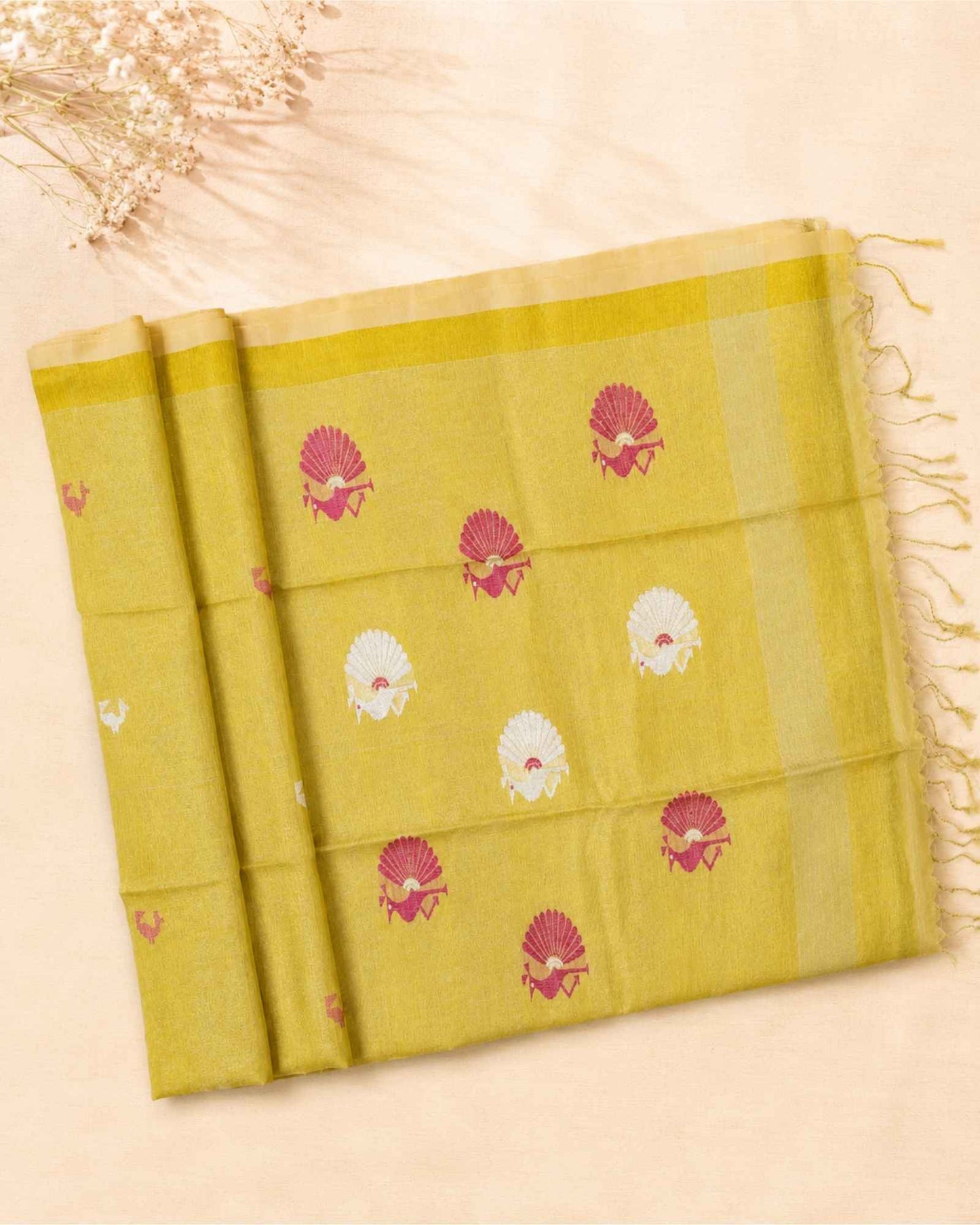 Yellow Tissue Linen Saree- Peacock