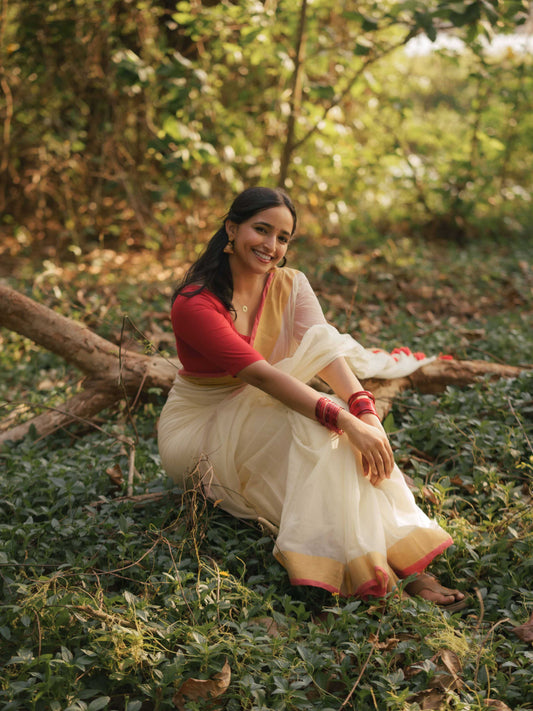 Mul Cotton Saree - Off white with Red and Golden border