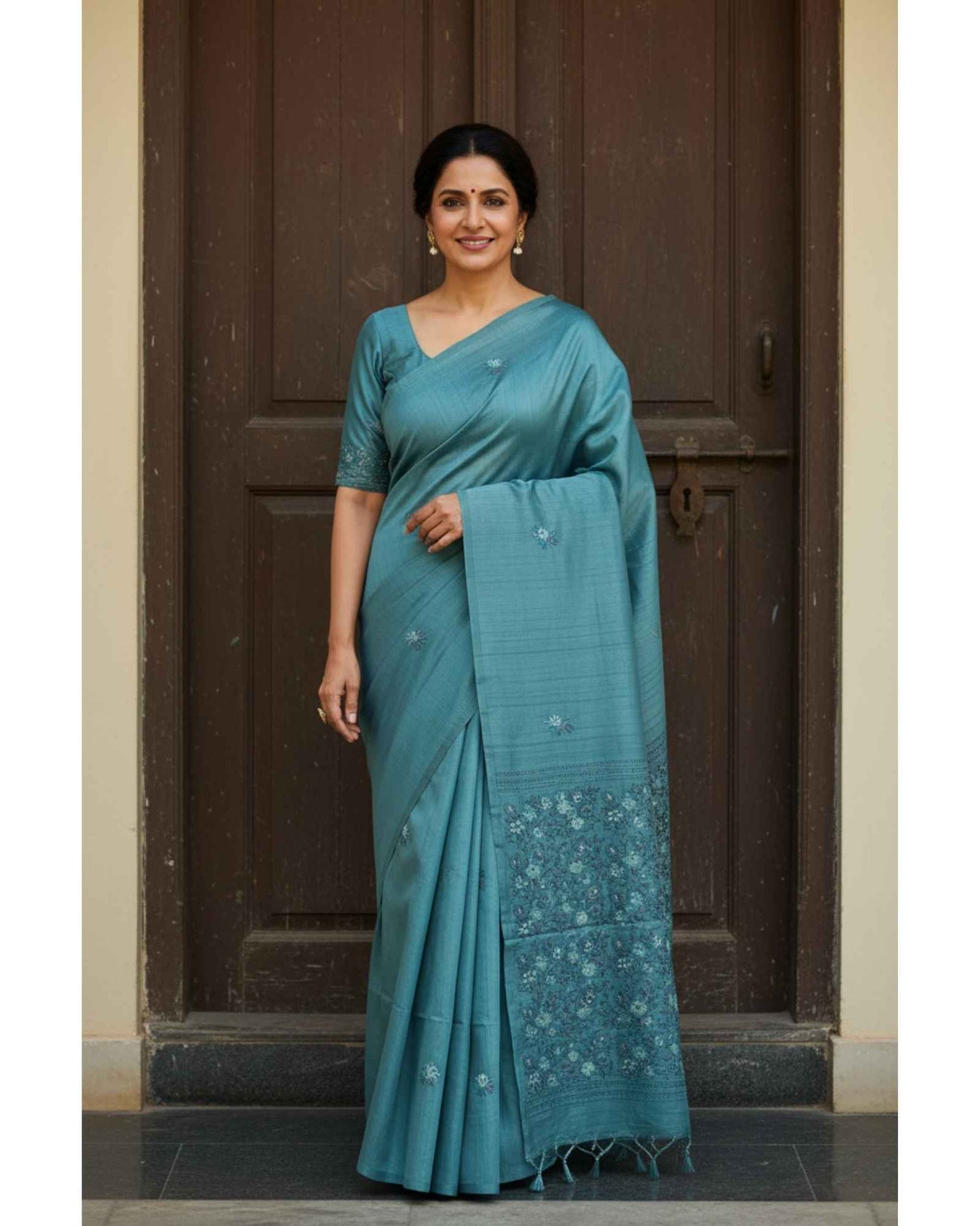 Blue Semi Tussar Saree with Kantha Work