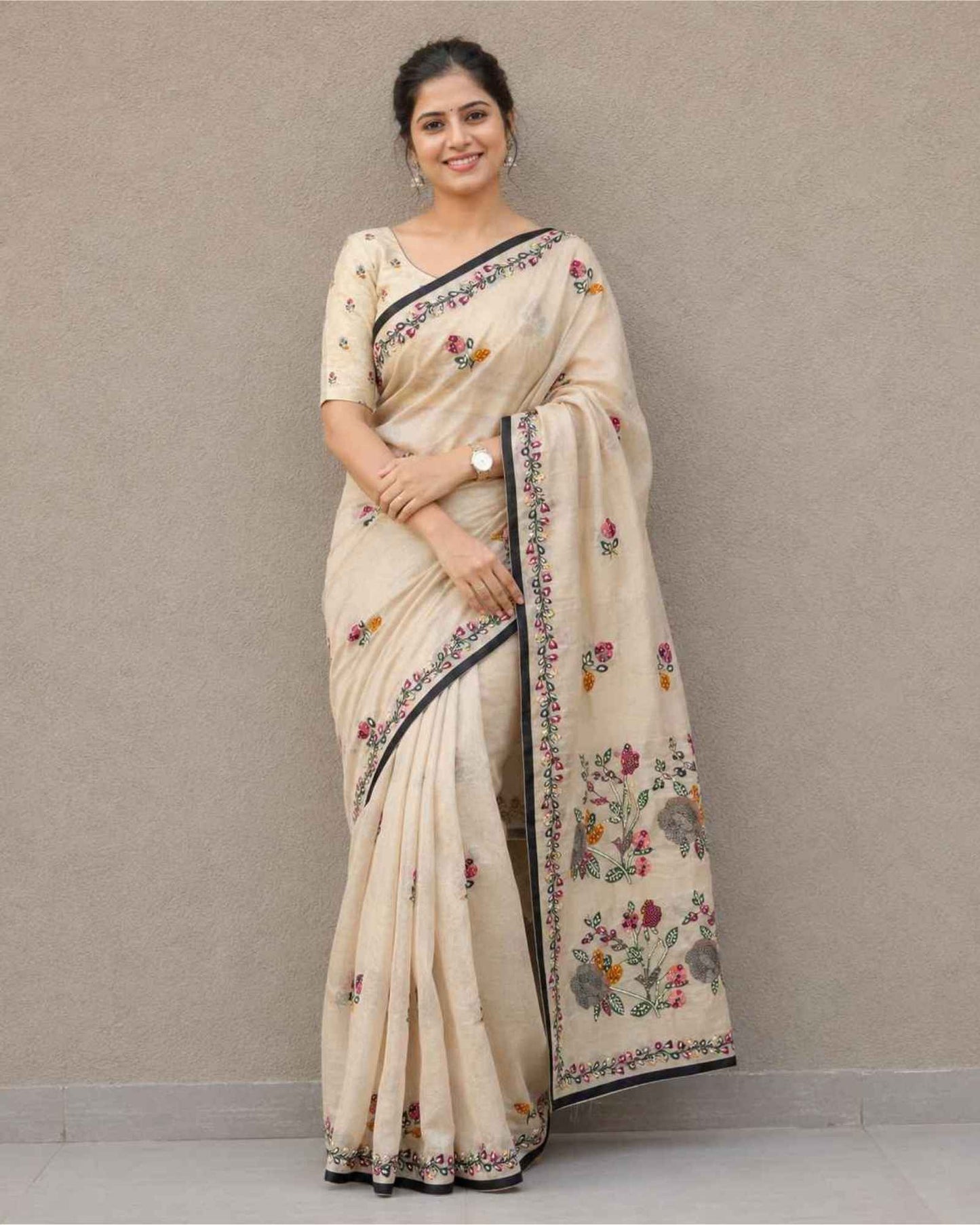 Beige Chanderi Cotton Saree with Kantha Work