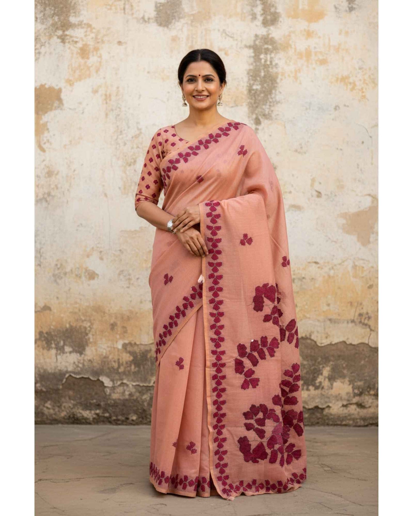 Peach and Maroon Chanderi Cotton Saree