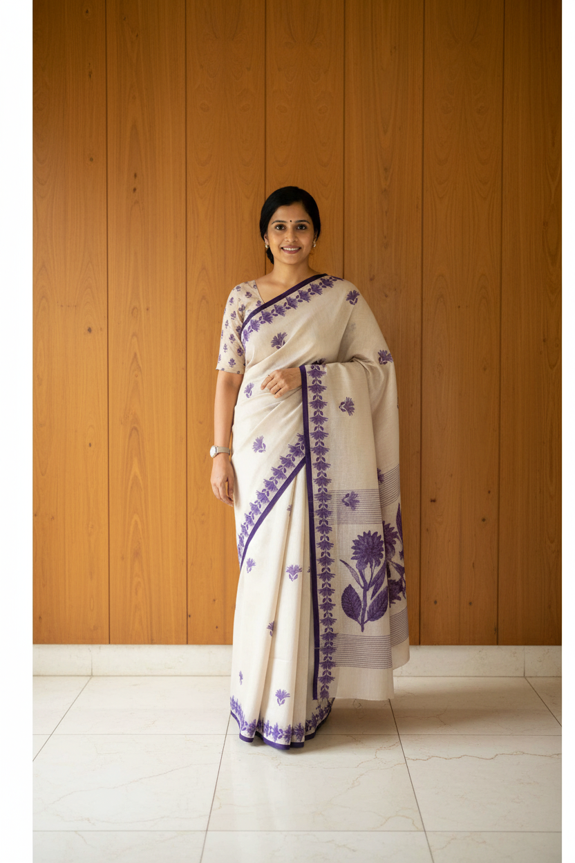 Beige and Purple Chanderi Cotton Saree