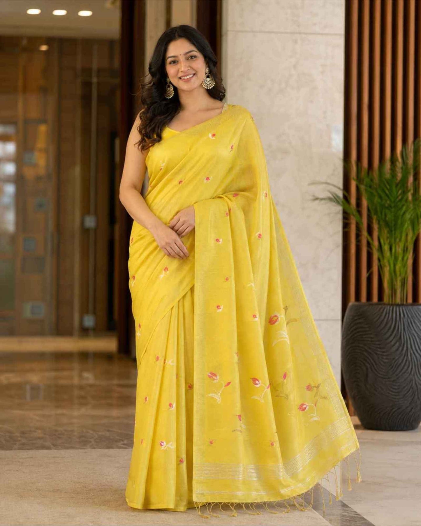 Yellow Tissue Linen Saree- Tulips