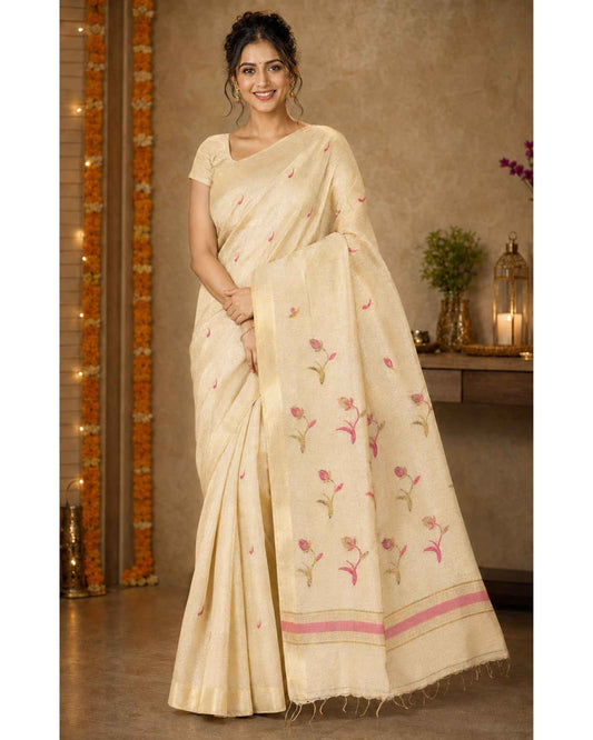 Light Golden Tissue Linen Saree - Tulips