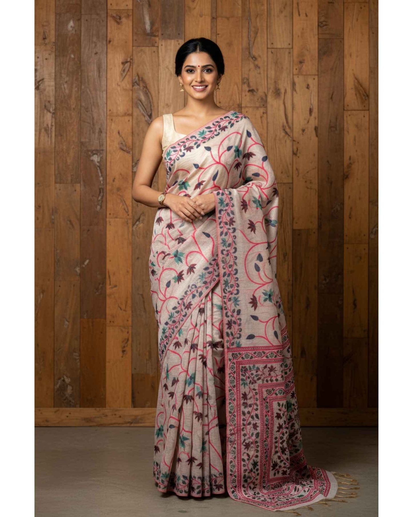 Chanderi Cotton Saree with jaal embroidery - Design 1