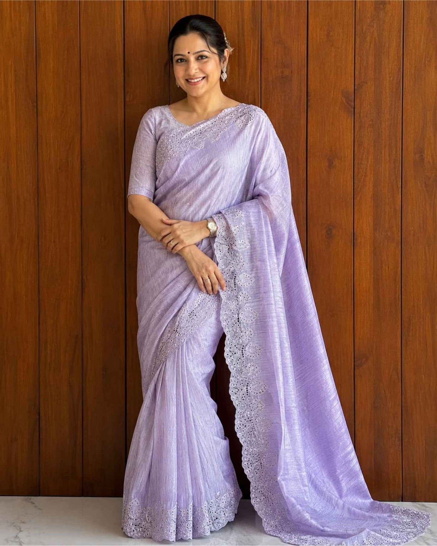 Semi Tussar Saree with Cutwork Borders- Lilac