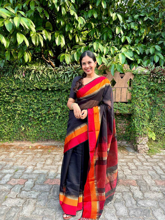 Black Maheshwari Saree with Red and Orange Borders