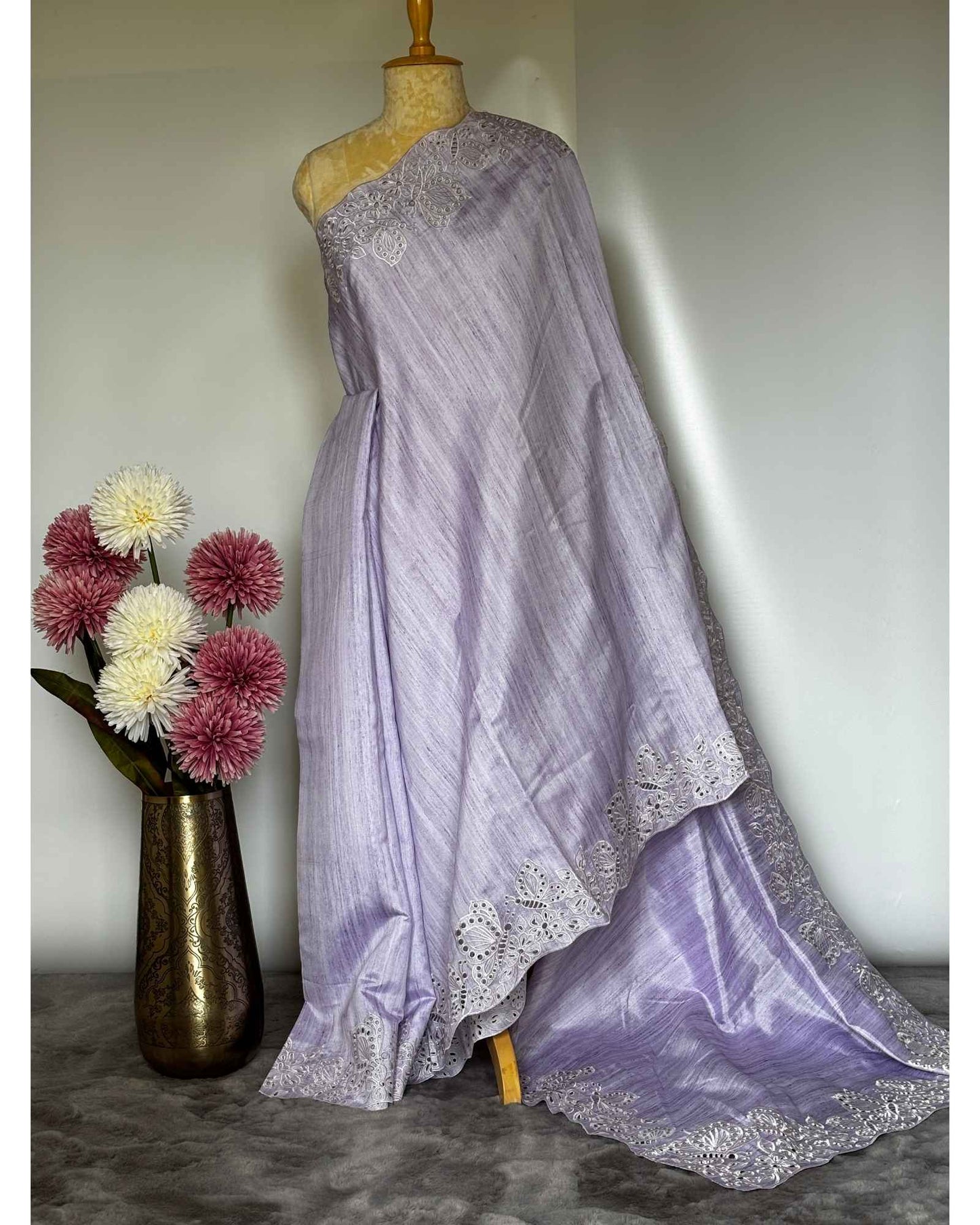 Semi Tussar Saree with Cutwork Borders- Lilac