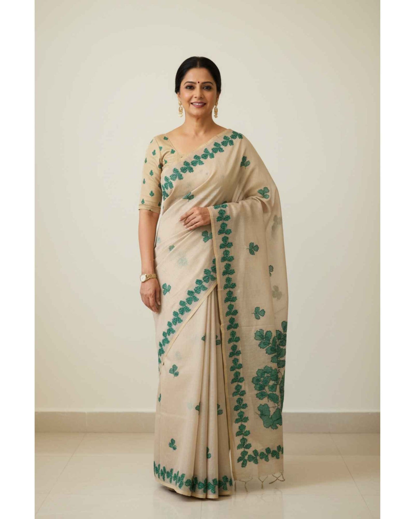 Beige and Green Chanderi Cotton Saree