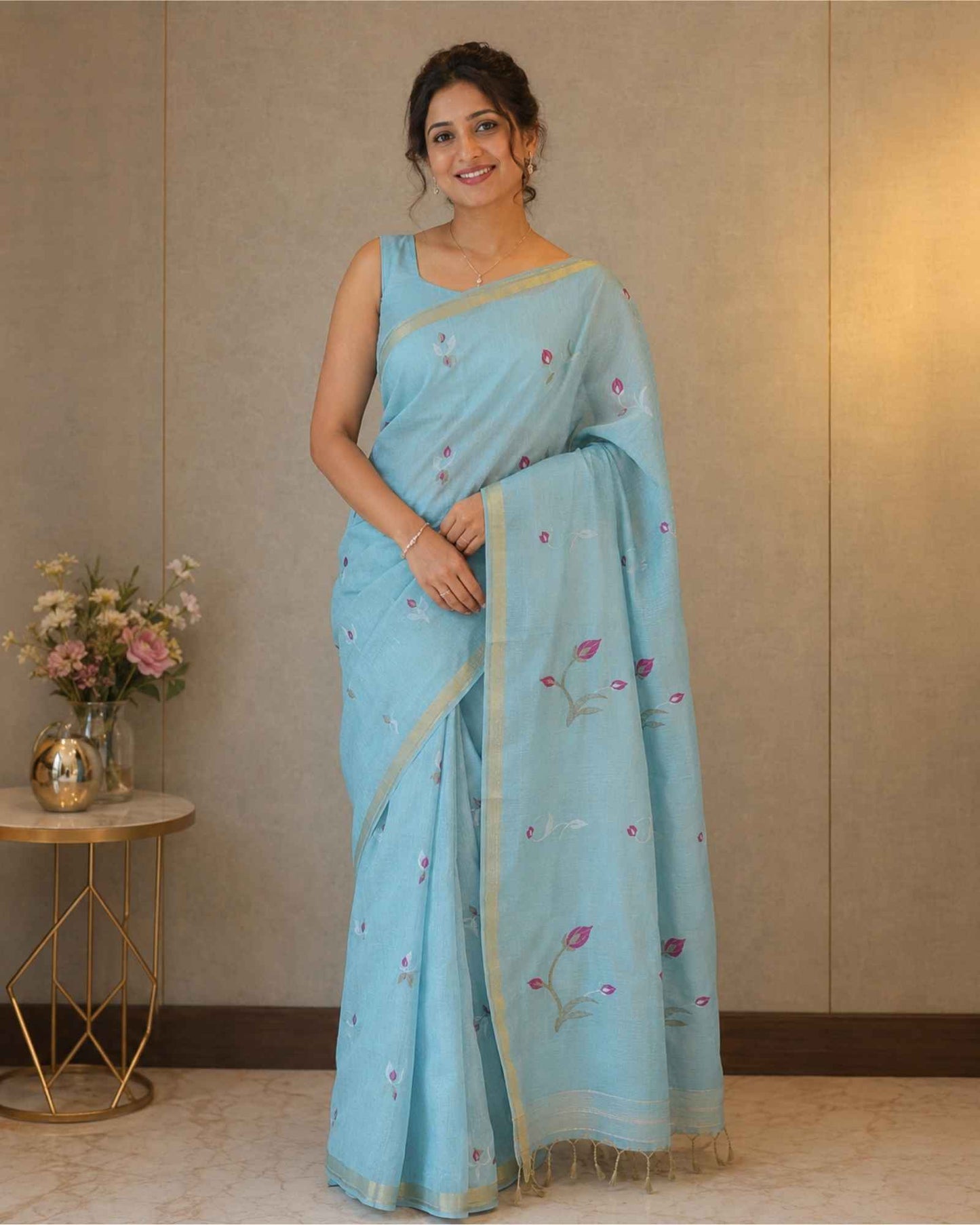 Blue Tissue Linen Saree- Tulips
