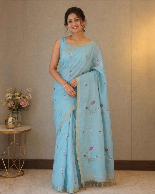 Blue Tissue Linen Saree- Tulips