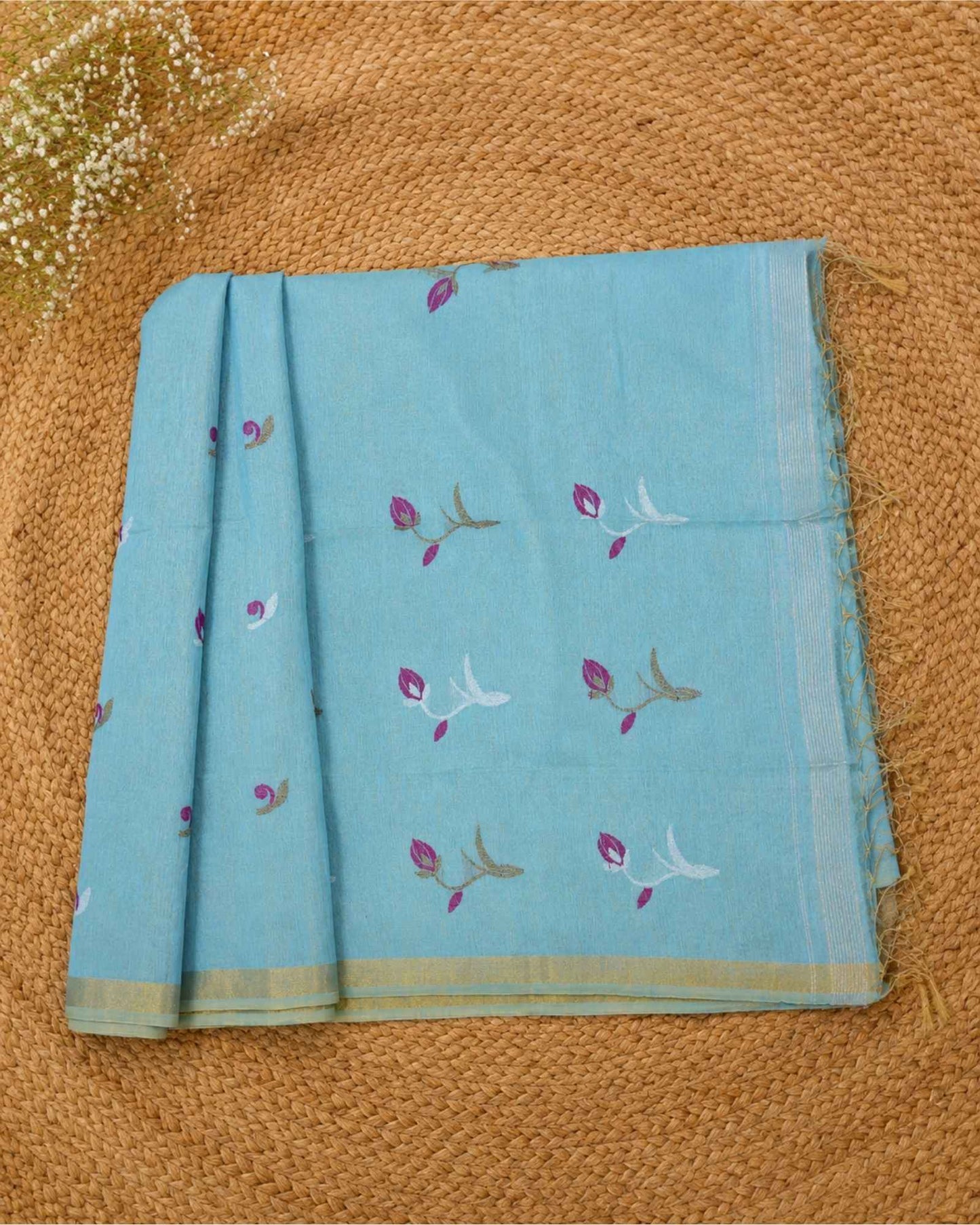 Blue Tissue Linen Saree- Tulips