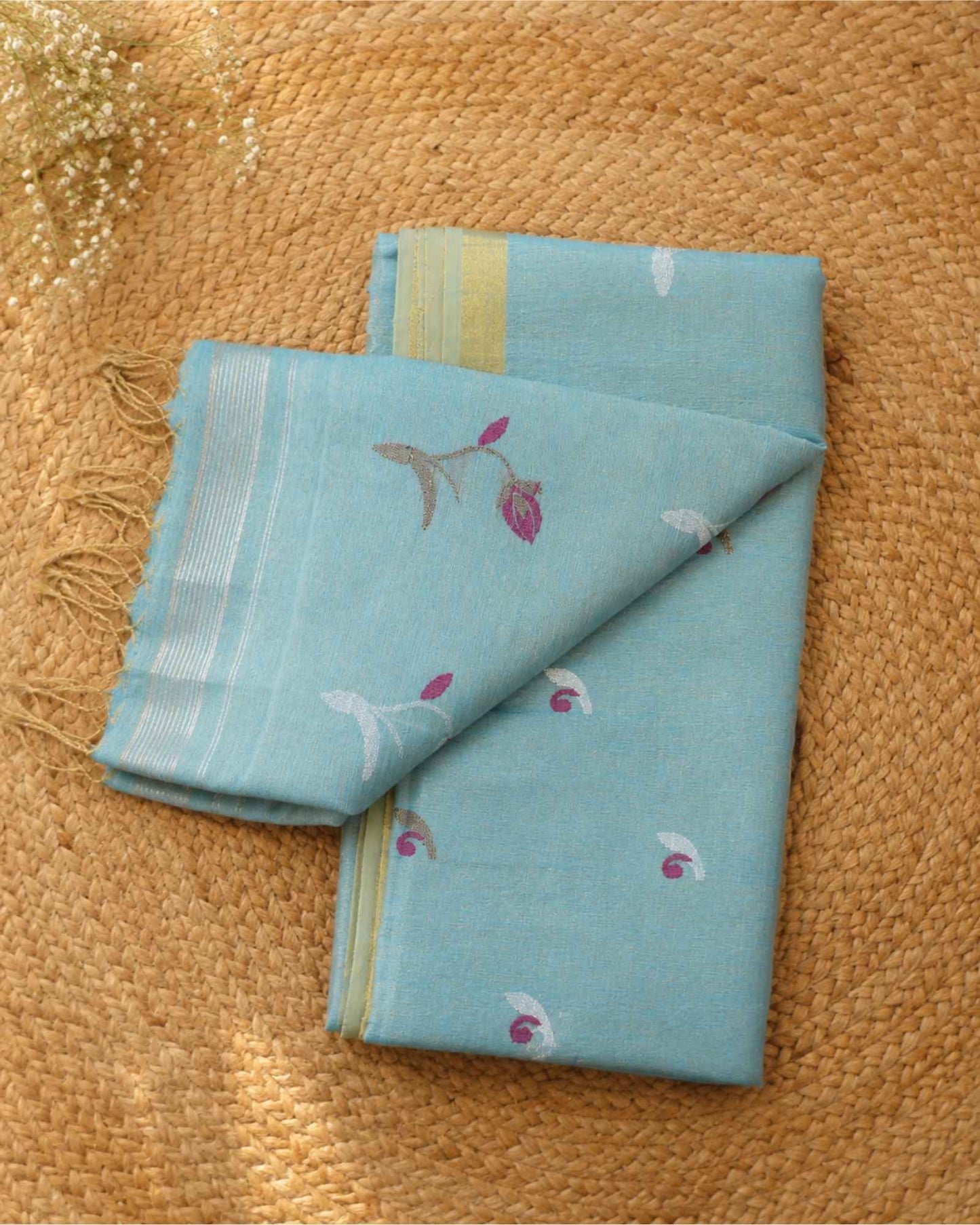 Blue Tissue Linen Saree- Tulips