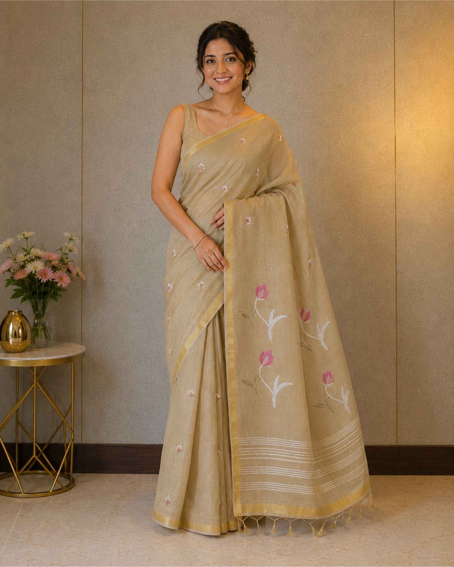 Dark Golden Tissue Linen Saree- Tulips