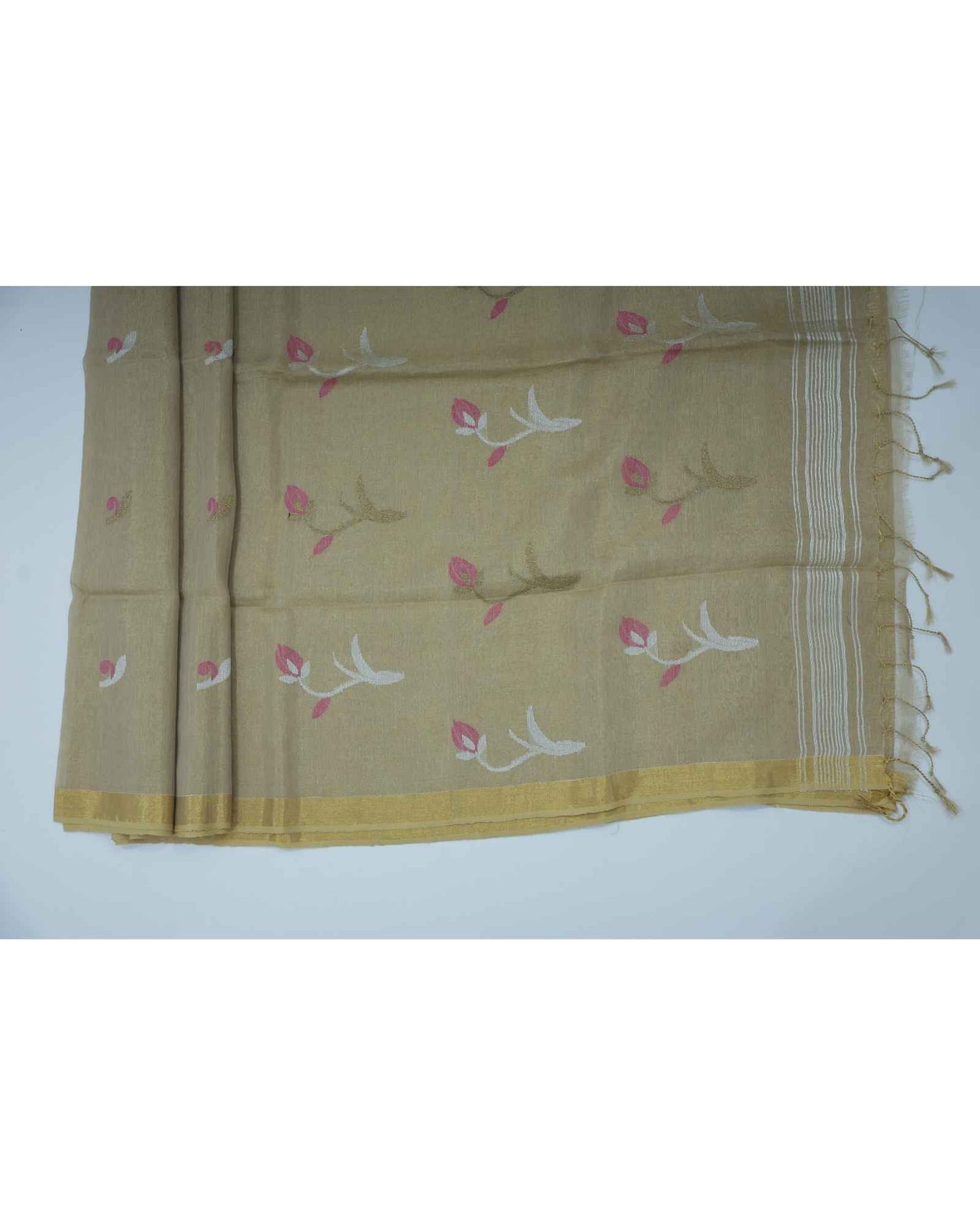 Dark Golden Tissue Linen Saree- Tulips
