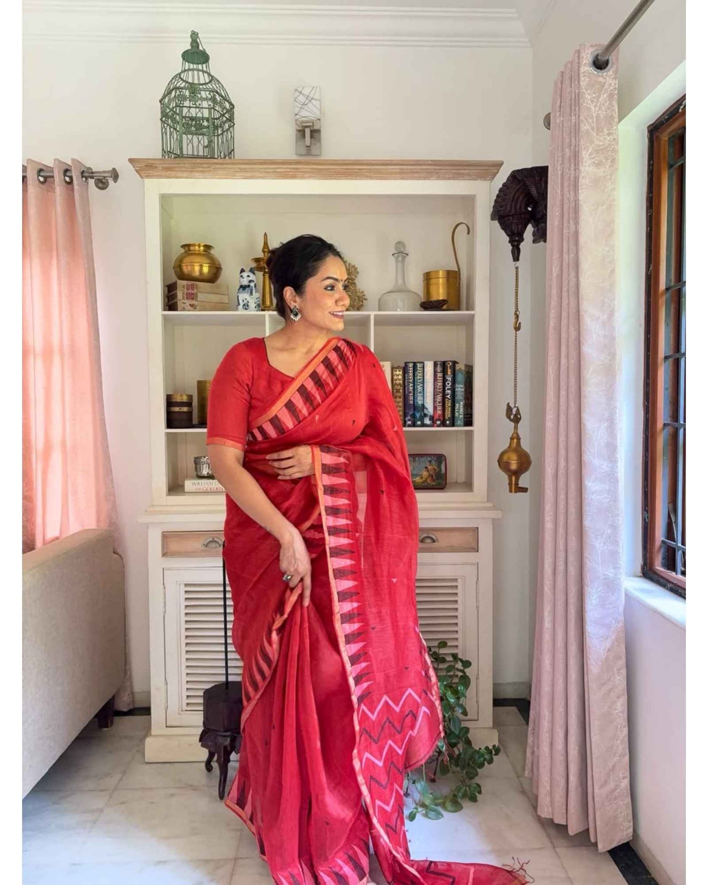 Shikhara - Red Silk Linen with Temple Border