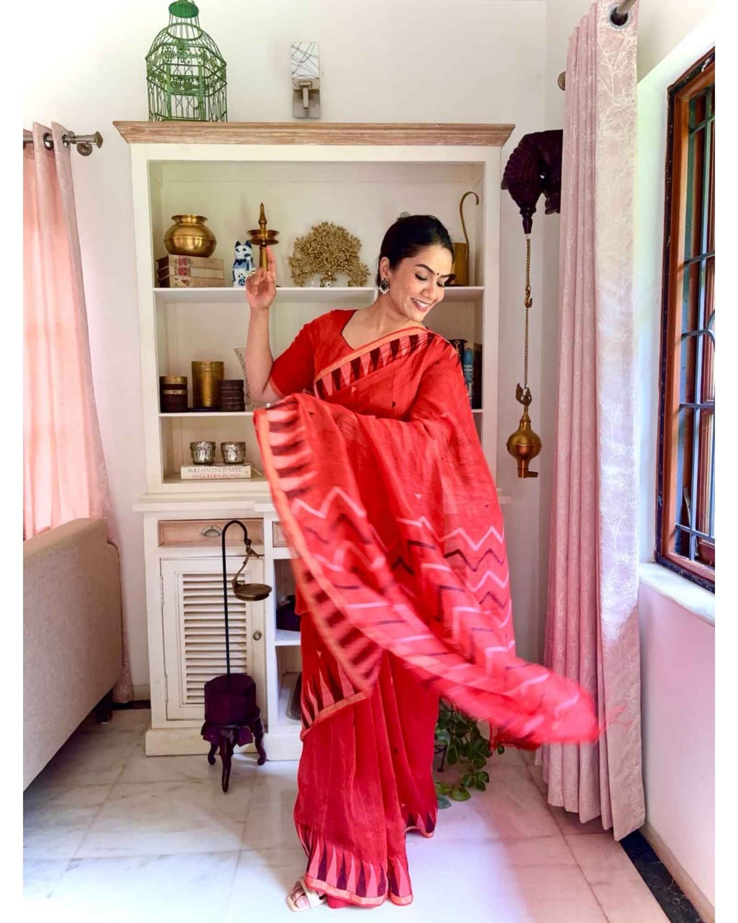 Shikhara - Red Silk Linen with Temple Border
