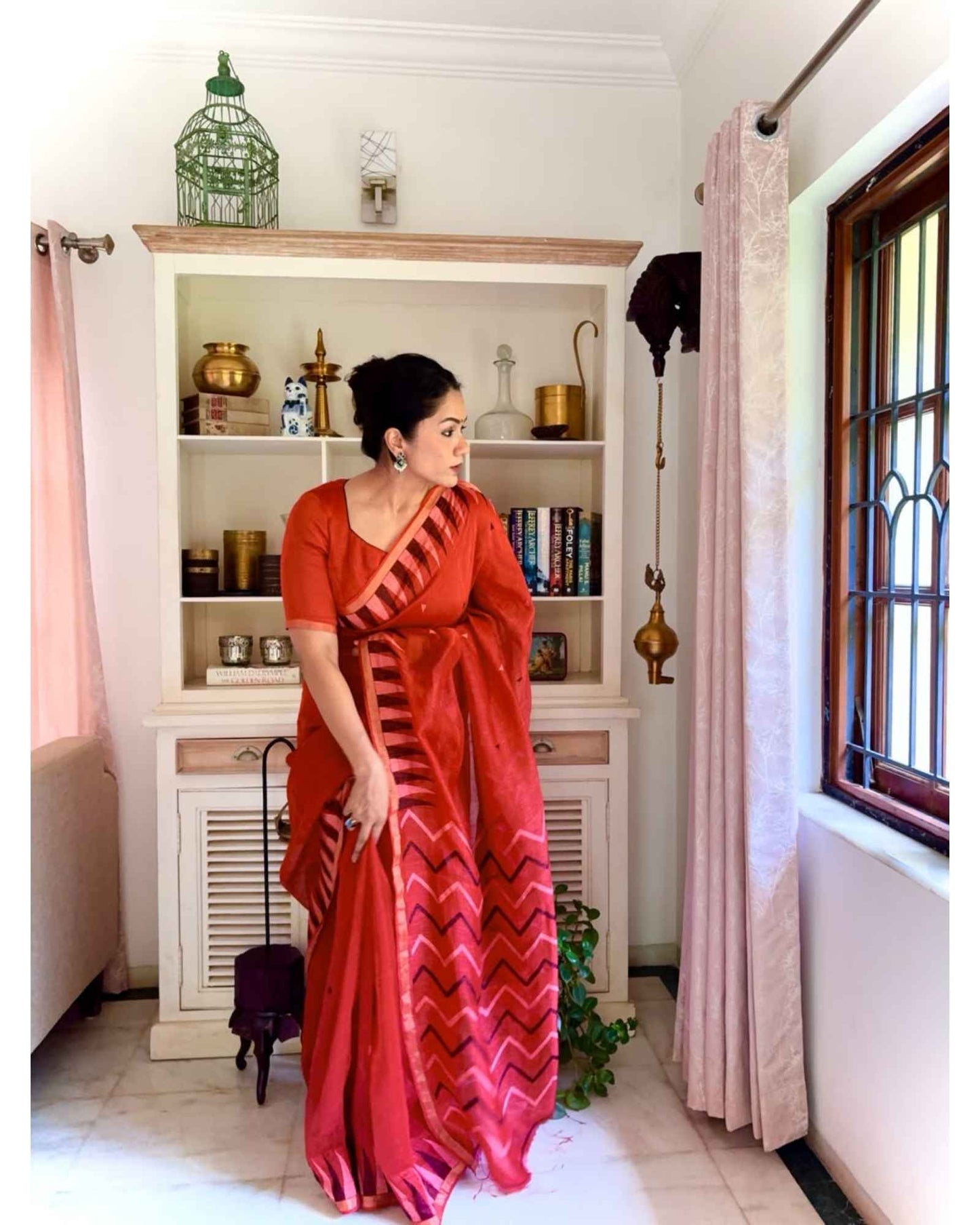 Shikhara - Red Silk Linen with Temple Border