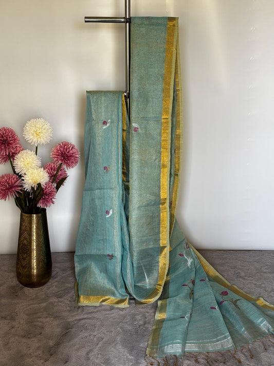 Blue Tissue Linen Saree- Tulips