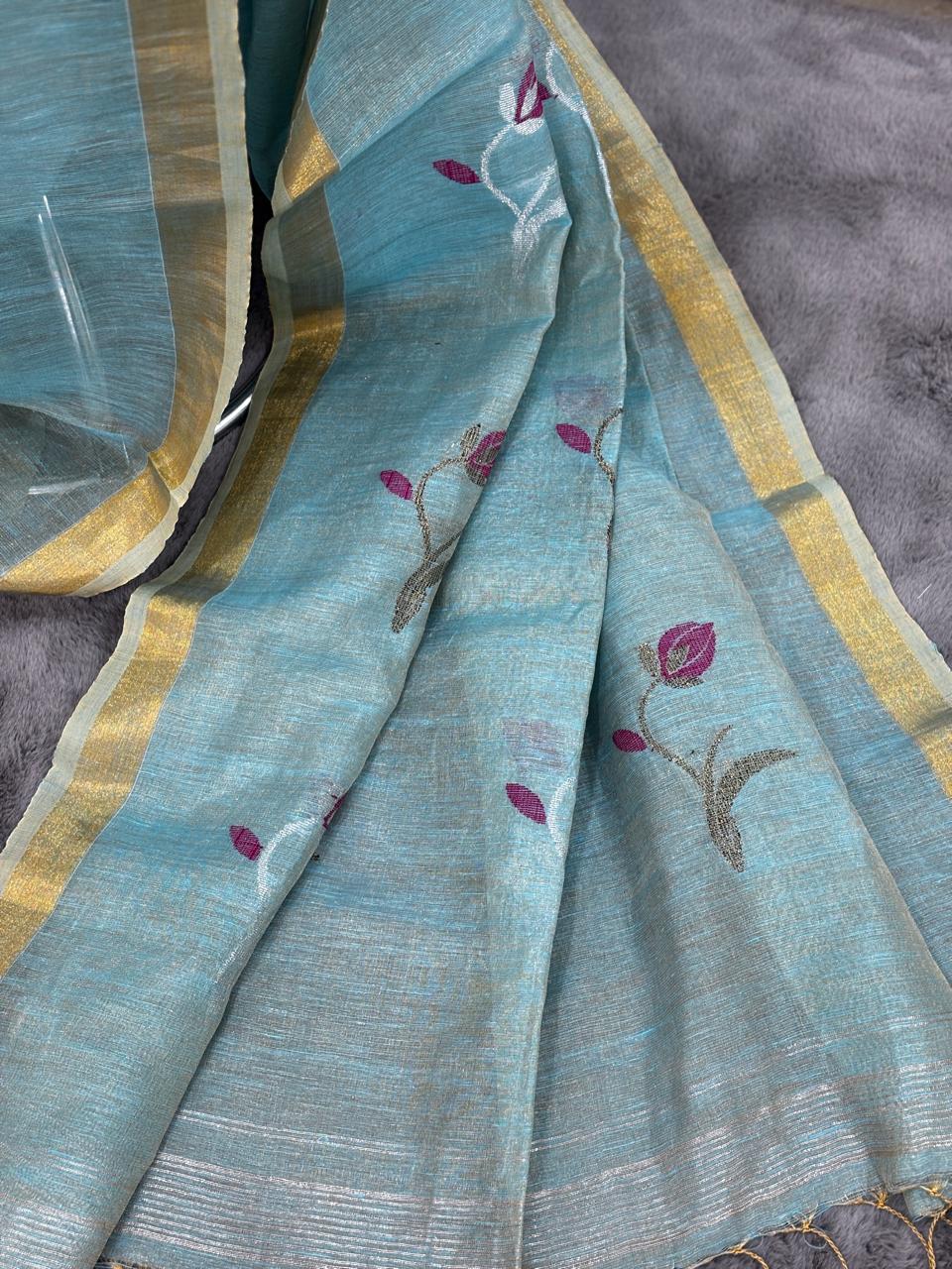 Blue Tissue Linen Saree- Tulips