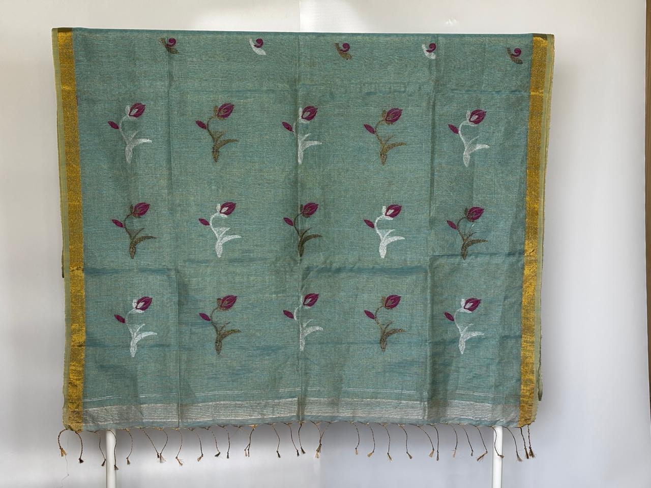 Blue Tissue Linen Saree- Tulips